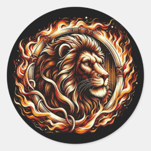 Flaming Lion in Ring of Fire Flames Astrology  Classic Round Sticker