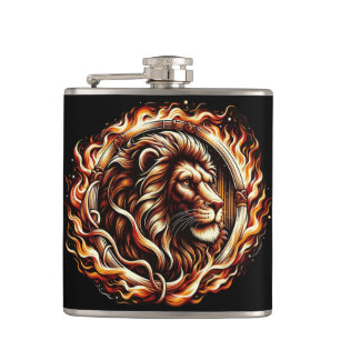 Flaming Lion in Ring of Fire Flames Astrology Hip Flask