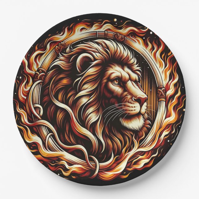Flaming Lion in Ring of Fire Flames Astrology  Paper Plate (Front)