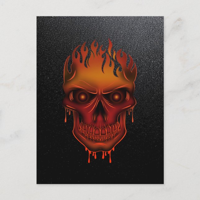 Flaming Melting Skull on Black Glitter Gothic Postcard (Front)