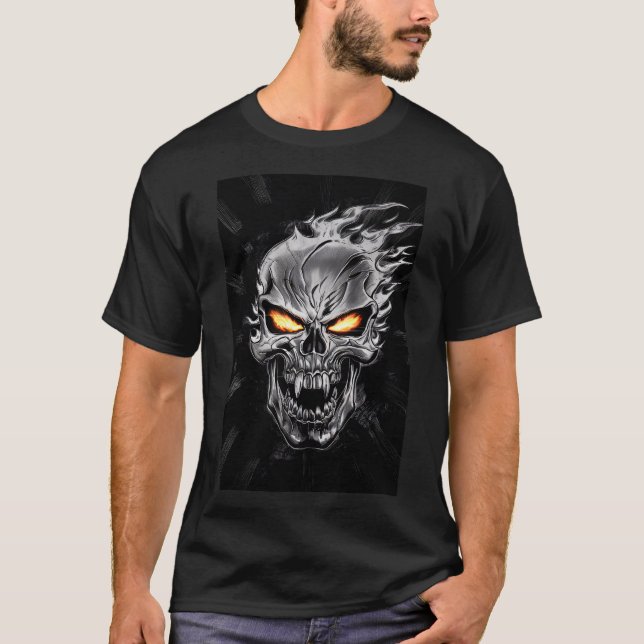 Flaming Metal Skull - Gothic Design T-Shirt (Front)