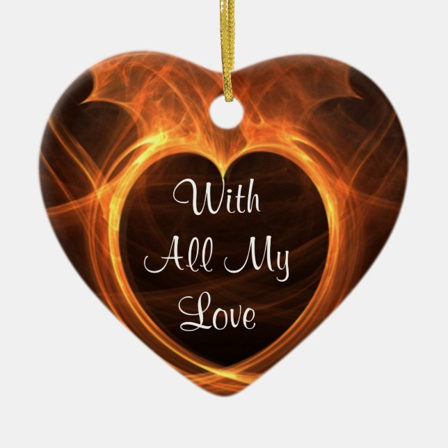 Flaming Orange Fractal Heart Design Keepsake Ceramic Tree Decoration (Front)