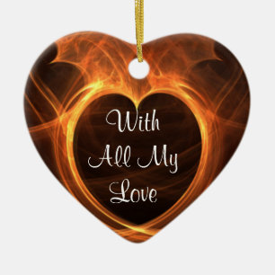 Flaming Orange Fractal Heart Design Keepsake Ceramic Tree Decoration