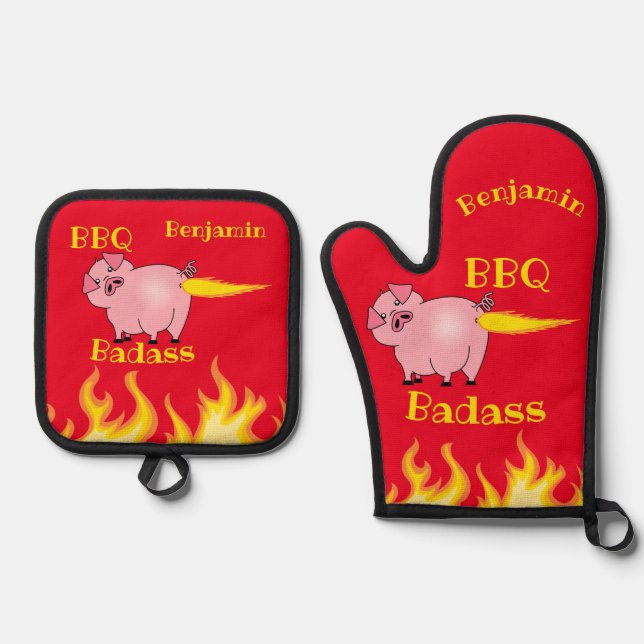 Flaming Pig Butt BBQ Badass Oven Mitt & Pot Holder Set (Front)