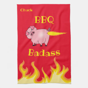 Flaming Pig Butt BBQ Badass Tea Towel