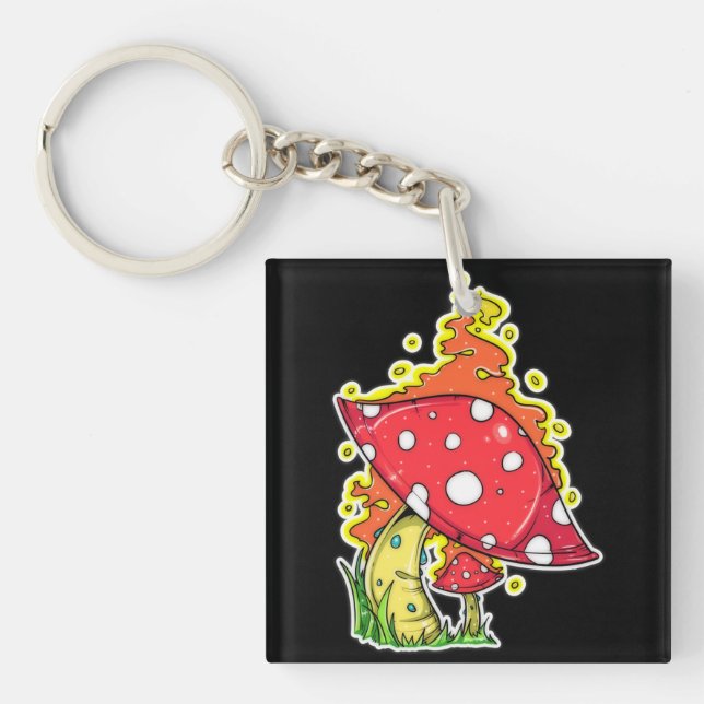 Flaming Psychedelic Mushroom Illustration Art Key Ring (Front)