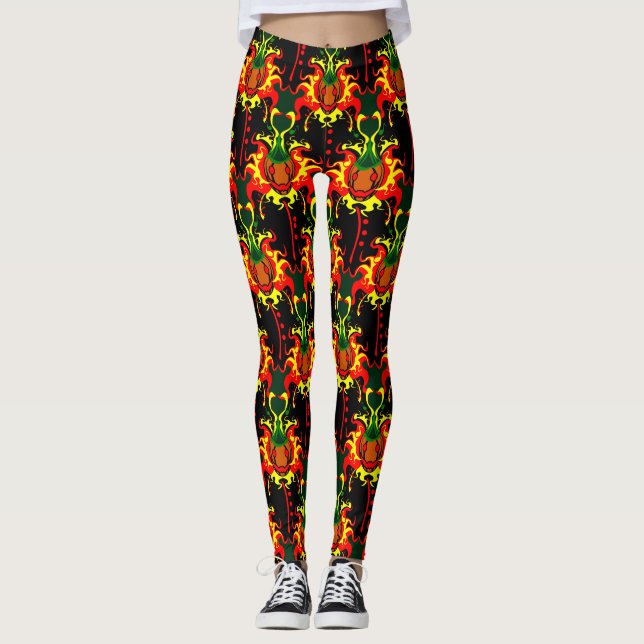 Flaming Pumpkin Head Box Interlocking Pattern Leggings (Front)