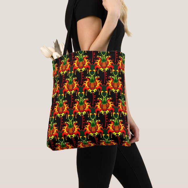 Flaming Pumpkin Head Box Interlocking Pattern Tote Bag (Close Up)