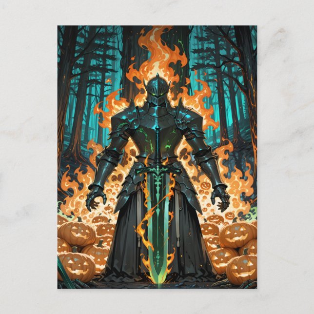 Flaming Pumpkin Knight Dark Forest Halloween Holiday Postcard (Front)