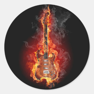 Flaming rock guitar classic round sticker