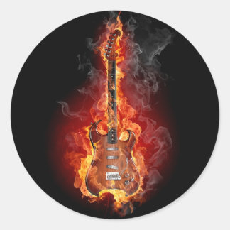 Flaming rock guitar classic round sticker