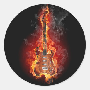 Flaming rock guitar classic round sticker