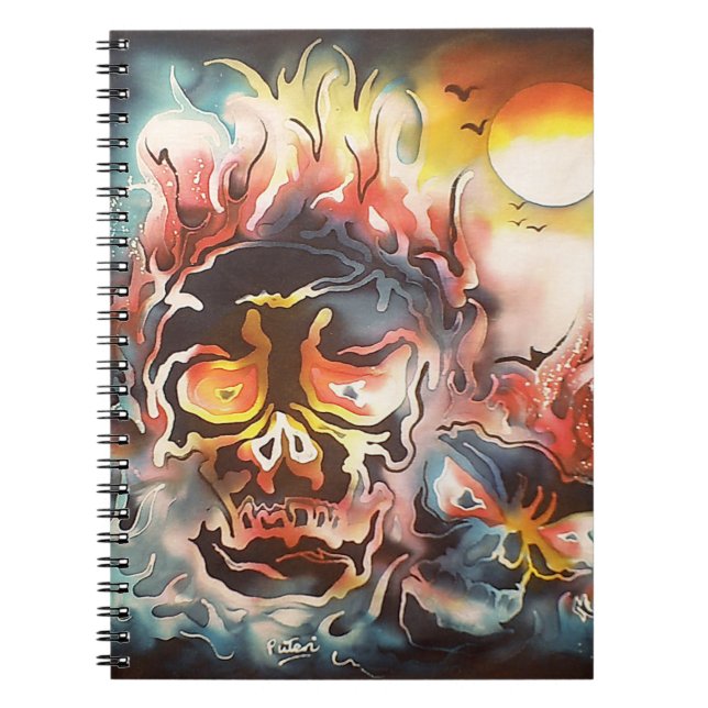 flaming skull abstract art spiral notebook (Front)
