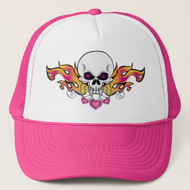 Flaming Skull and Hearts Trucker Hat (Front)