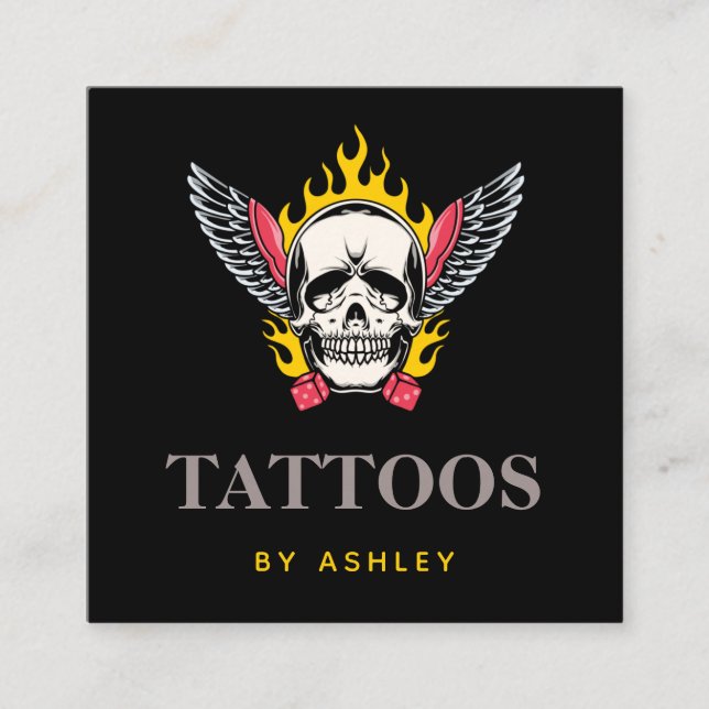 Flaming Skull Dice Wings Gothic Cool Tattoo Artist Square Business Card (Front)
