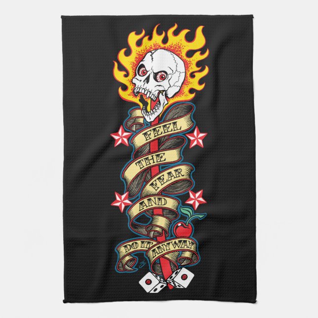 Flaming Skull Feel the Fear Tea Towel (Vertical)