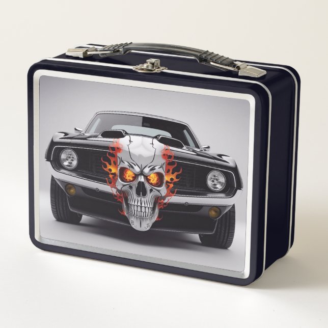 Flaming Skull Muscle Car Metal Lunch Box (Front)