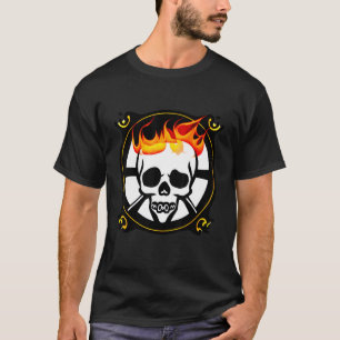 Flaming Skull Pirate Emblem Circular Black  White  T-Shirt