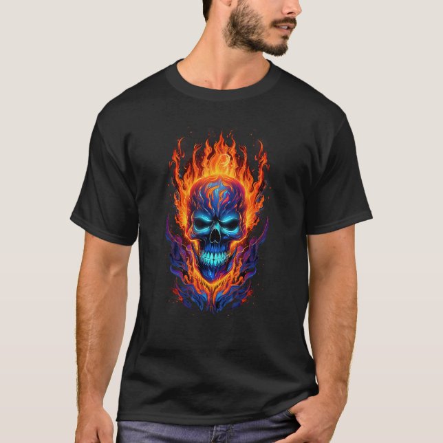 Flaming Skull Red Orange & Blue Cool Skeleton Skul T-Shirt (Front)