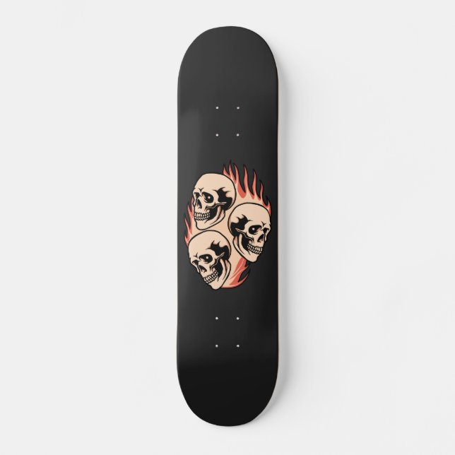 Flaming Skulls on Fire Gothic Trendy Cool Black Skateboard (Front)