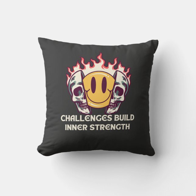 Flaming Smiley Face with Skulls – Motivational Inn Cushion (Front)