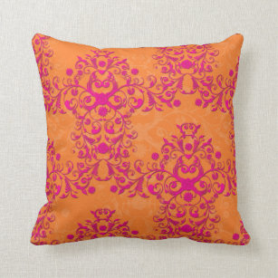 Flaming Tangerine Tango Orange and Pink Damask Cushion
