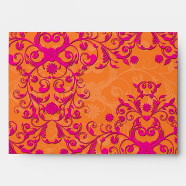 Flaming Tangerine Tango Orange and Pink Damask Envelope (Front)