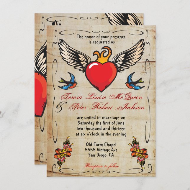 Flaming Winged Heart Tattoo Wedding Invitations (Front/Back)