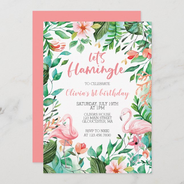 Flamingle Tropical first birthday flamingo Invitation (Front/Back)