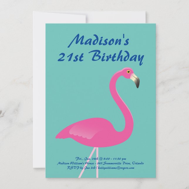 Flamingo 21st Birthday Party Invite - turquoise (Front)