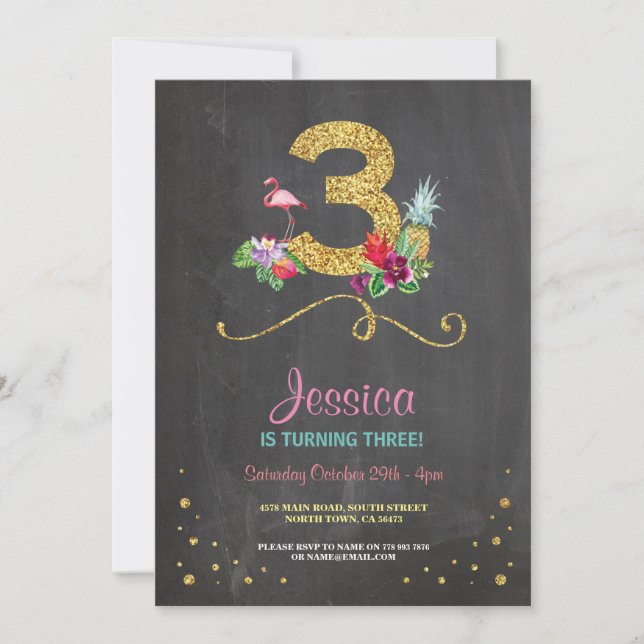 Flamingo Aloha 3rd 3 Birthday Party Chalk Invite (Front)