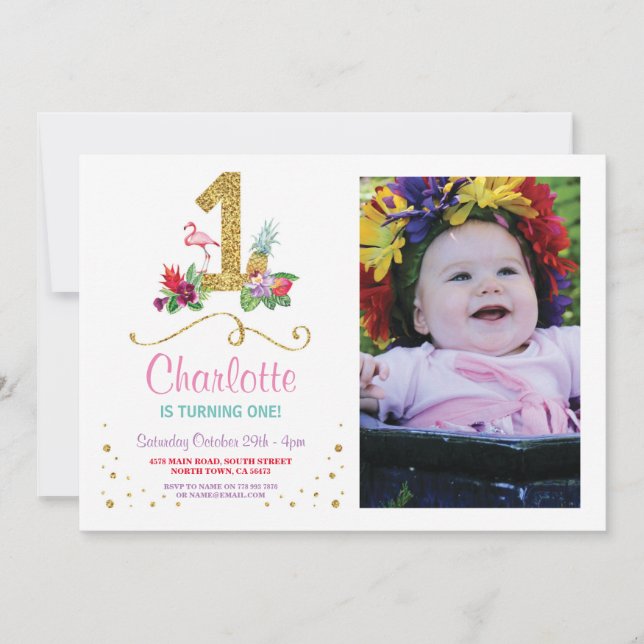 Flamingo Aloha First One Birthday Party Photo Invitation (Front)
