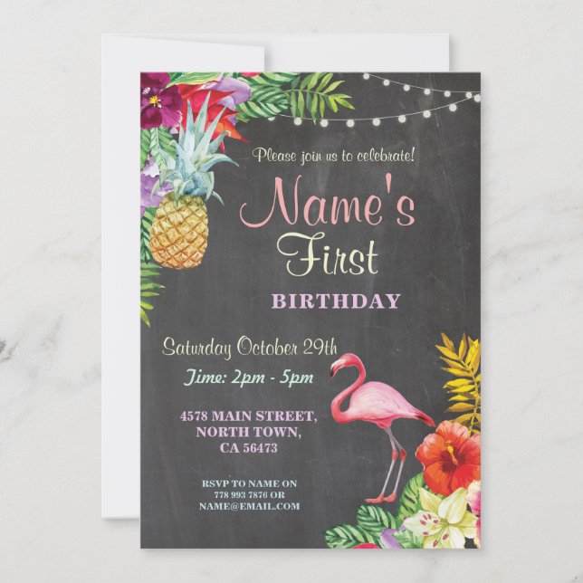 Flamingo Aloha Girl's First Birthday Invitation (Front)