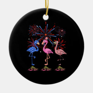 Flamingo American Flag For 4th July Ceramic Tree Decoration