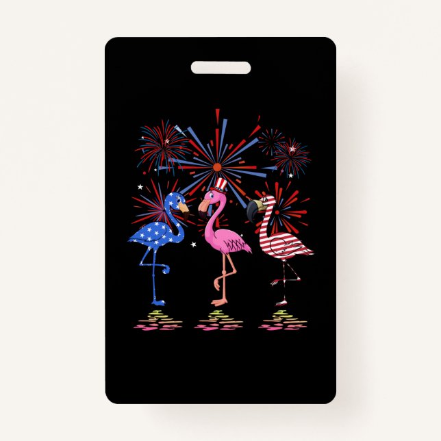 Flamingo American Flag For 4th July ID Badge (Front)