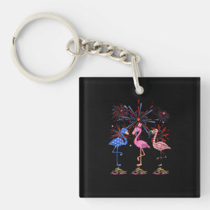 Flamingo American Flag For 4th July Key Ring