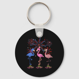 Flamingo American Flag For 4th July Key Ring