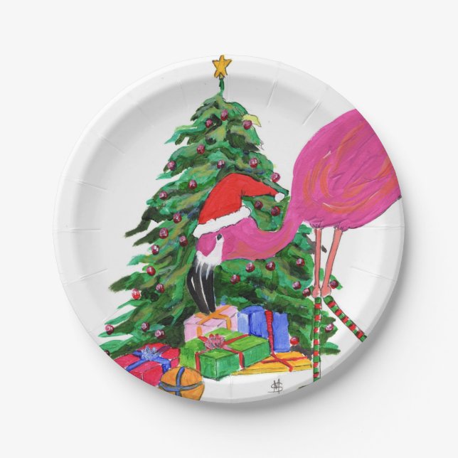 Flamingo and Christmas Tree Paper Plate (Front)