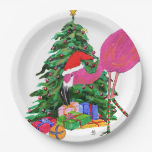 Flamingo and Christmas Tree Paper Plate