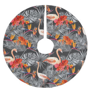 Flamingo and flowers, monochrome pattern. brushed polyester tree skirt