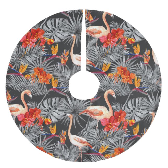 Flamingo and flowers, monochrome pattern. brushed polyester tree skirt (Front)