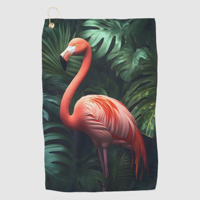 Flamingo and Jungle Leaves Golf Towel (Front)