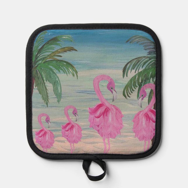 Flamingo and palm tree kitchen pot holder (Front)