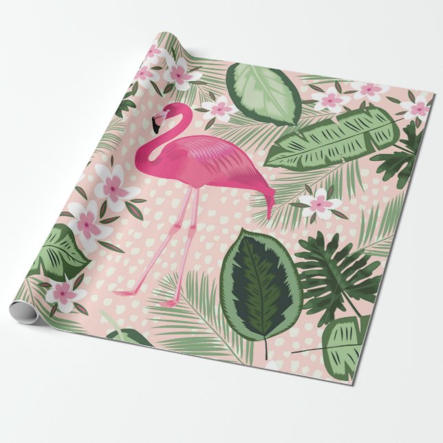 Flamingo and palm trees seamless pattern illustrat wrapping paper (Unrolled)