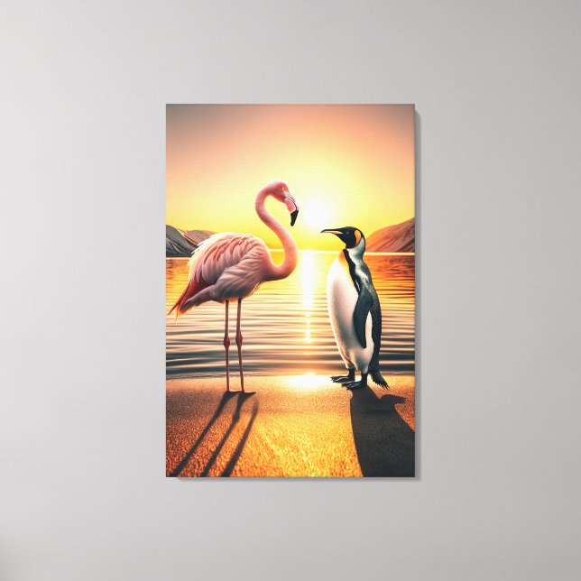 Flamingo and Penguin Sunset Encounter Canvas Print (Front)