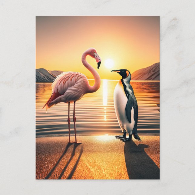 Flamingo and Penguin Sunset Encounter Postcard (Front)