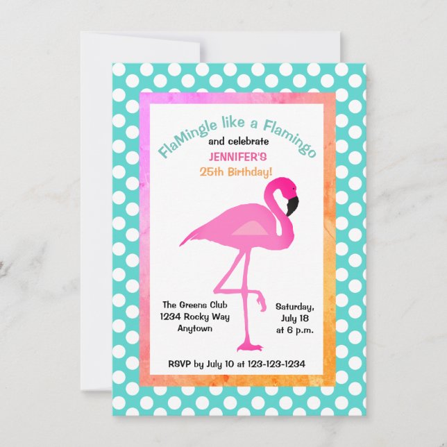 Flamingo and Polka Dot Party Invitation (Front)