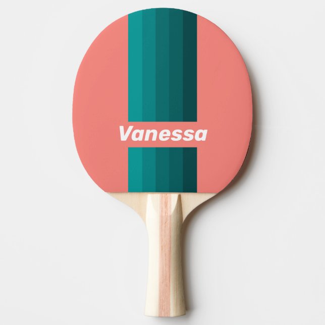 Flamingo Aqua Pin Stripes with Name Ping Pong Paddle (Front)