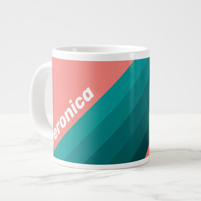 Flamingo Aqua Stripes with Name Large Coffee Mug (Front Left)