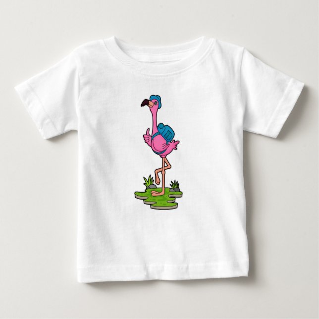 Flamingo as Hiker with Backpack Baby T-Shirt (Front)